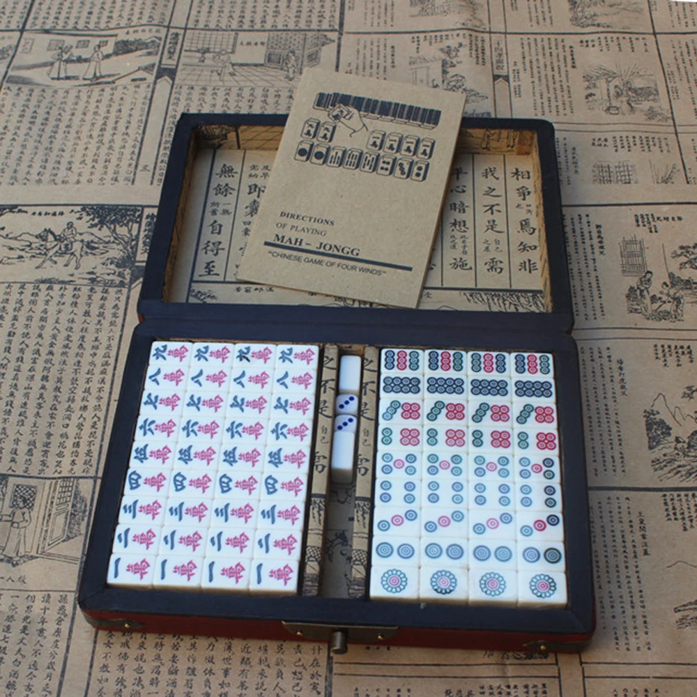 Mini Mahjong Set with Wooden Storage Case Portable Mah Jong Game Set