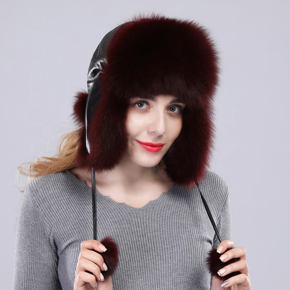 Women real fox fur hat genuine sheepskin leather caps winter warm Ears Fashion Bomber Cap belt new arrival