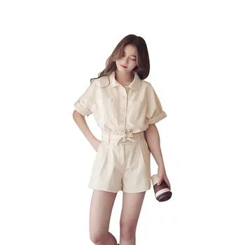

Loose Summer Playsuit Overalls For Women Short Sleeve Casual Button Shirt Rompers Boho Beach Short Jumpsuit outfits AA055