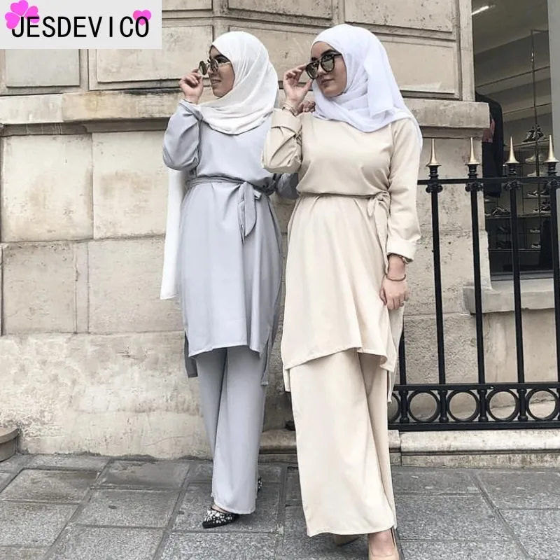

JESDEVICO Muslim Leisure Women Modest Loose large size Long Sleeves Solid color Abayas Leisure Two-piece set Islamic clothing