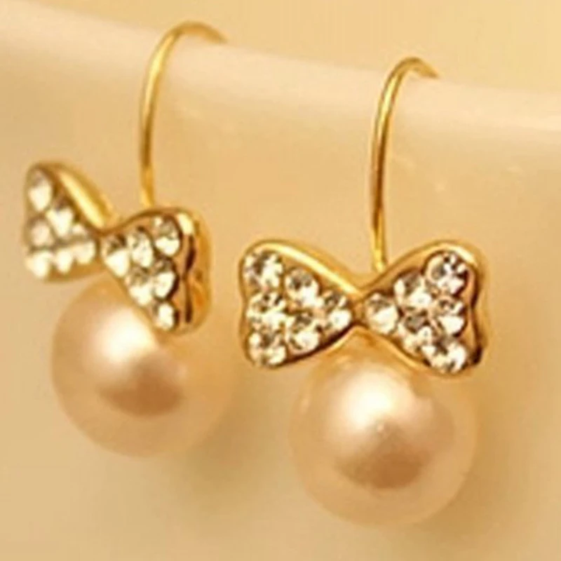 

2019 New High Quality Fashion Zircon Earrings Imitation Rhinestone Large Pearl Bow Earrings