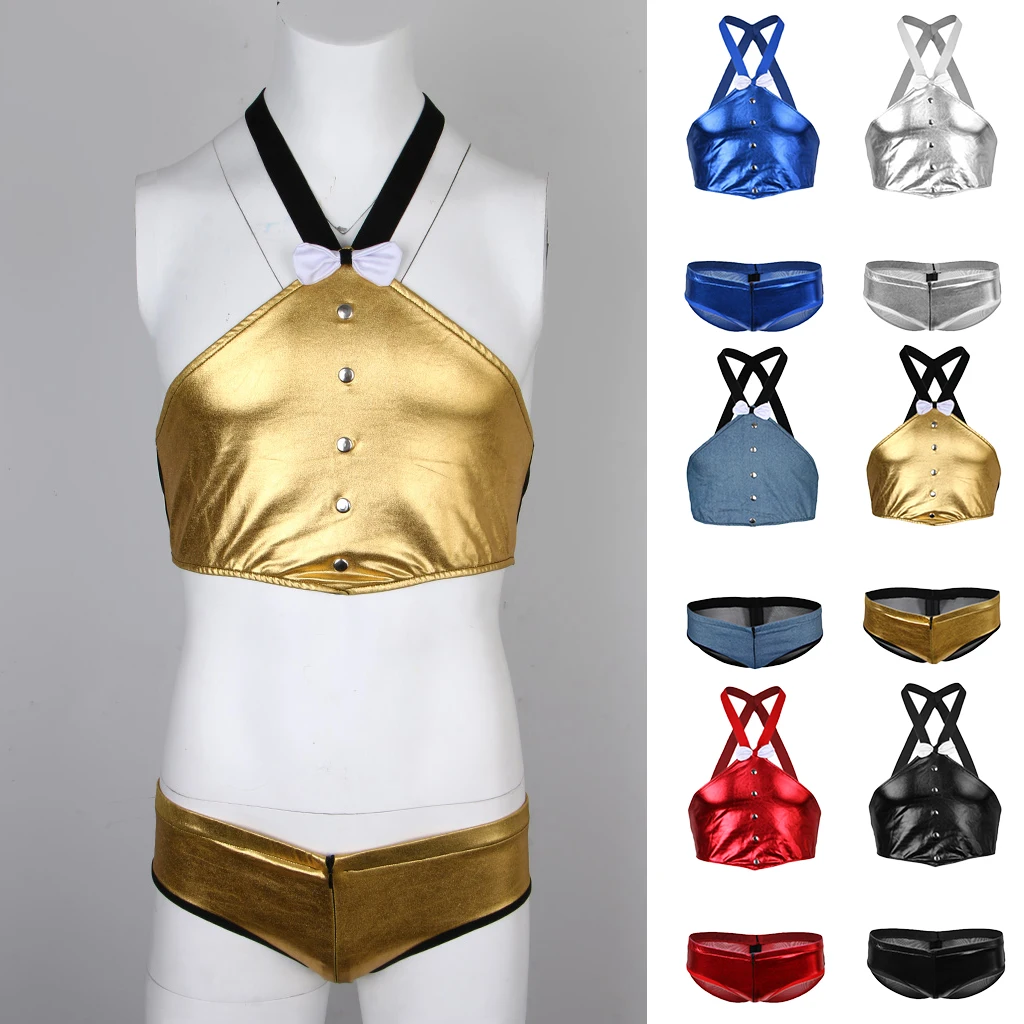 Men Mentalic Lingerie Briefs Body Chest Strap Harness Costume Nightclub Suit Man Sexy Nightwear Gay Party Costume