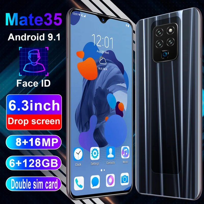 Mate35, 6,3 дюймов, 4G, смартфон, 6 ГБ ОЗУ, 128 Гб ПЗУ, экран капли воды, мобильный телефон, Распознавание отпечатков пальцев и лица, разблокировка, сотовый телефон