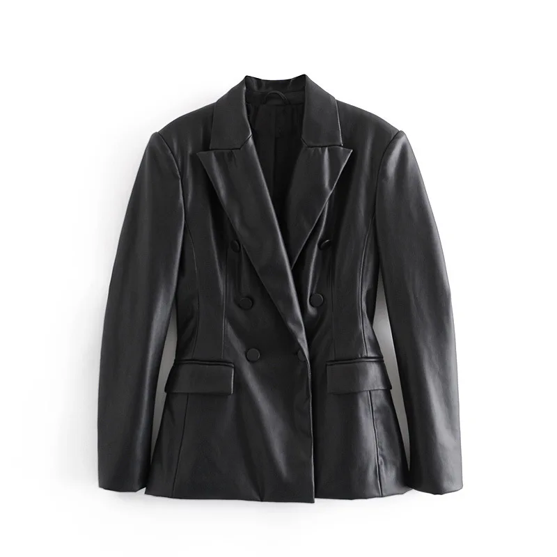 Autumn Winter Women Faux leather Blazer Black Double Breasted Office Lady Suit Coat