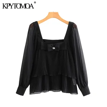 

Vintage Sexy Bow Tie Pleated Chiffon Blouses Women 2020 Fashion Transparent Sleeve Ruffles Female Shirts Blusas Chic Tops