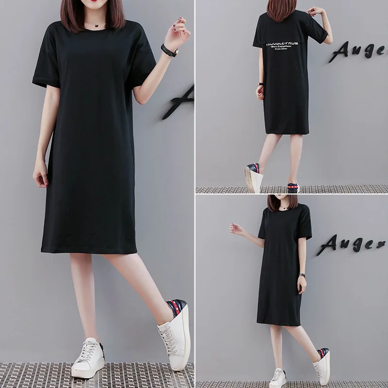 

Over-the-Knee Long T-shirt Mid-length Dress Large Size Dress Summer Back Printed Cool Loose-Fit Crew Neck Short Sleeve