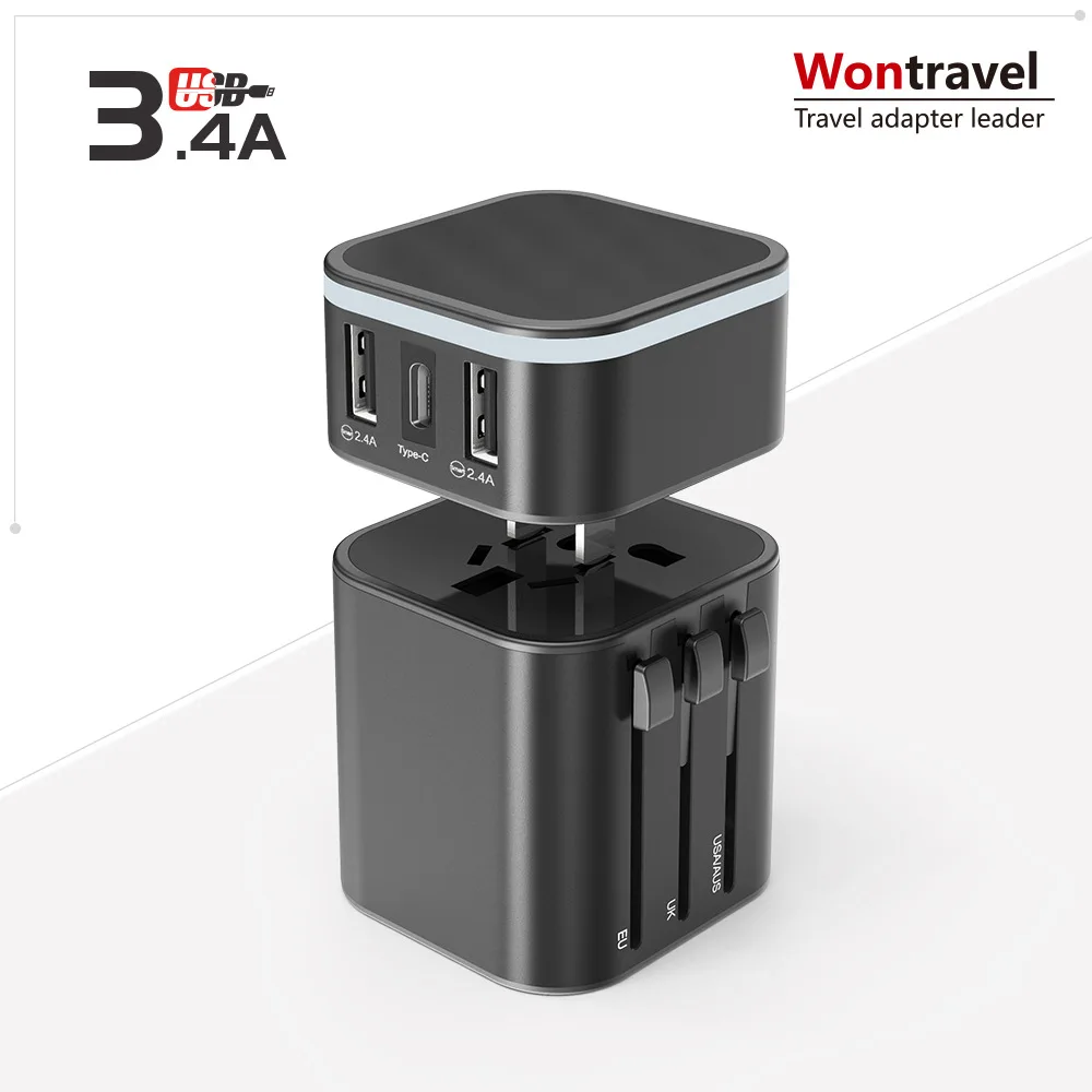 Black Все-в-одном Международный дорожный переходник 5 в 3,4 А 2 USB+ type C зарядка вилка и вилка конвертер адаптер переменного тока для США/ЕС/Австралии/Великобритании - Цвет: Black