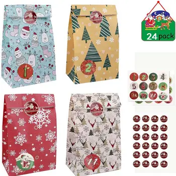 

24 Sets Christmas 1-24 Advent Calendar Paper Candy Bag with Tags Clips Stickers Pads Hemp Rope Gift Storage Holiday Decoration