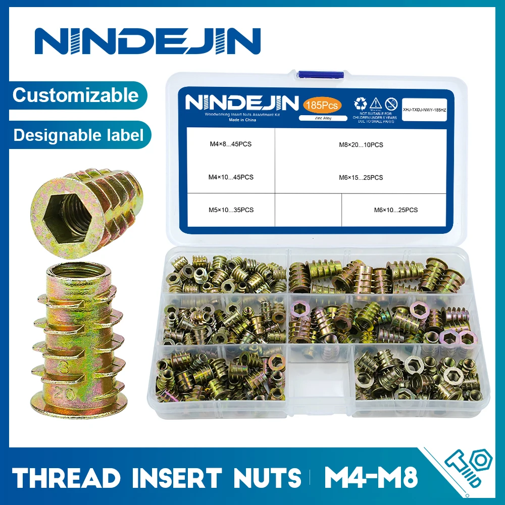 NINDEJIN 185 шт набор резьбовых вставных гаек из цинкового сплава M4 M5 M6 M8 деревянная