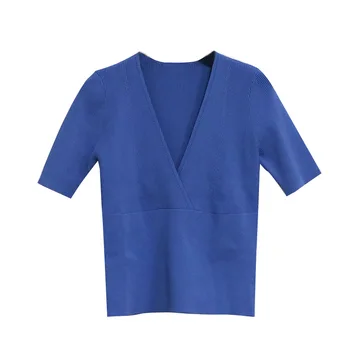 

Solid Color Women's Knit Sweater Deep V Short Sleeve Silm Knitwear Pullover Tops 2020 Spring New