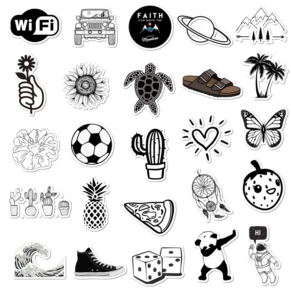 50 Pcs New Black And White Vsco Cartoon Pvc Toys Cool Stickers For