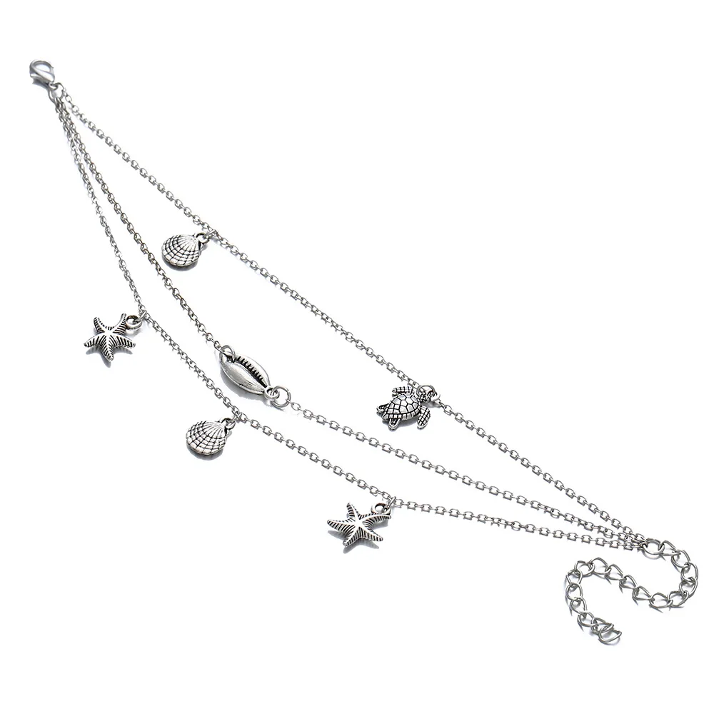 creative new retro simple silver metal shell starfish turtle pendant multi-layer anklet female