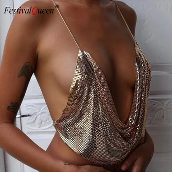 

2020 Sexy Backless Sequins Women Crop Tops Handmade Adjustable Halter Tank Camis Summer Cropped Bra Strap Party Vest Blusa