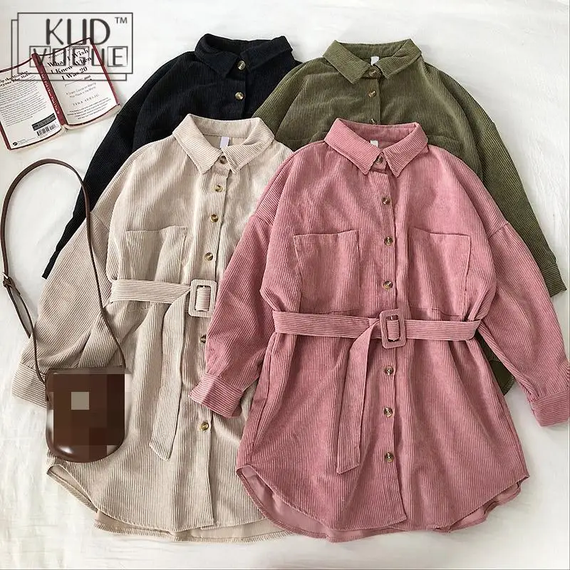 

Womens Tops And Blouses Solid Corduroy Pink Shirt Dress Lapel Long Sleeve Tee High Street Adjustable Sash Autumn Outwear Coat