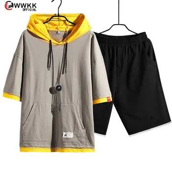 

WWKK 2020 Casual Male Tracksuit Clothing Summer Men Set Fitness Suit Sporting Suits Short Sleeve T Shirt + Shorts 2 Piece Set