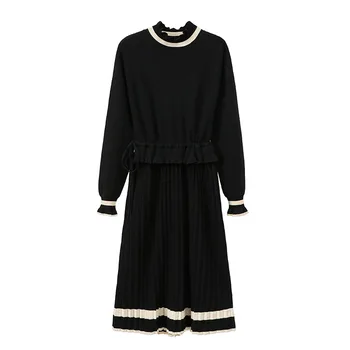

2020 Women Dress Spring Autumn Long Sleeve Dresses Knee Length High Waist Knit Dress Black and White Casual Dress Vestidos