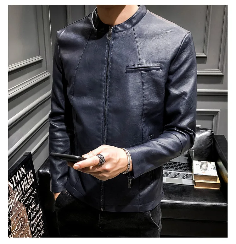 Осенняя и зимняя мужская одежда плюс бархат Pu Slim Fit локомотивное кожаное пальто для мужчин со стоячим воротником толстое кожаное пальто для подростков модное