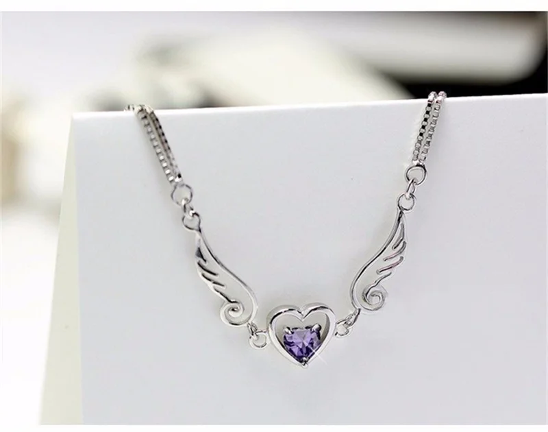 YHAMNI модные нежные фиолетовые в форме сердца Циркон CZ Diamant Ювелирные наборы Серебро 925 пробы Цепочки и ожерелья Браслет Набор для Для женщин YS042