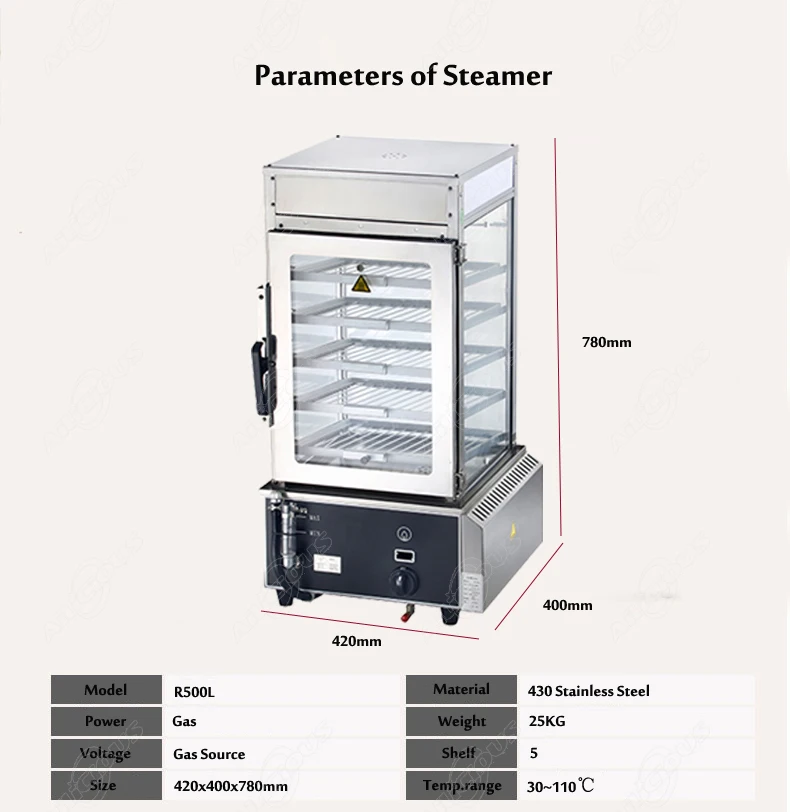 R500L LPG Gas Chinese Bun Steamer Food Steamer Machine 5 Layers Stainless Steel Fast Heating