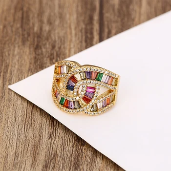 

high quality Women's gold cz engagement ring adjustable rainbow ring zircons Multicolored crystal copper ring for women