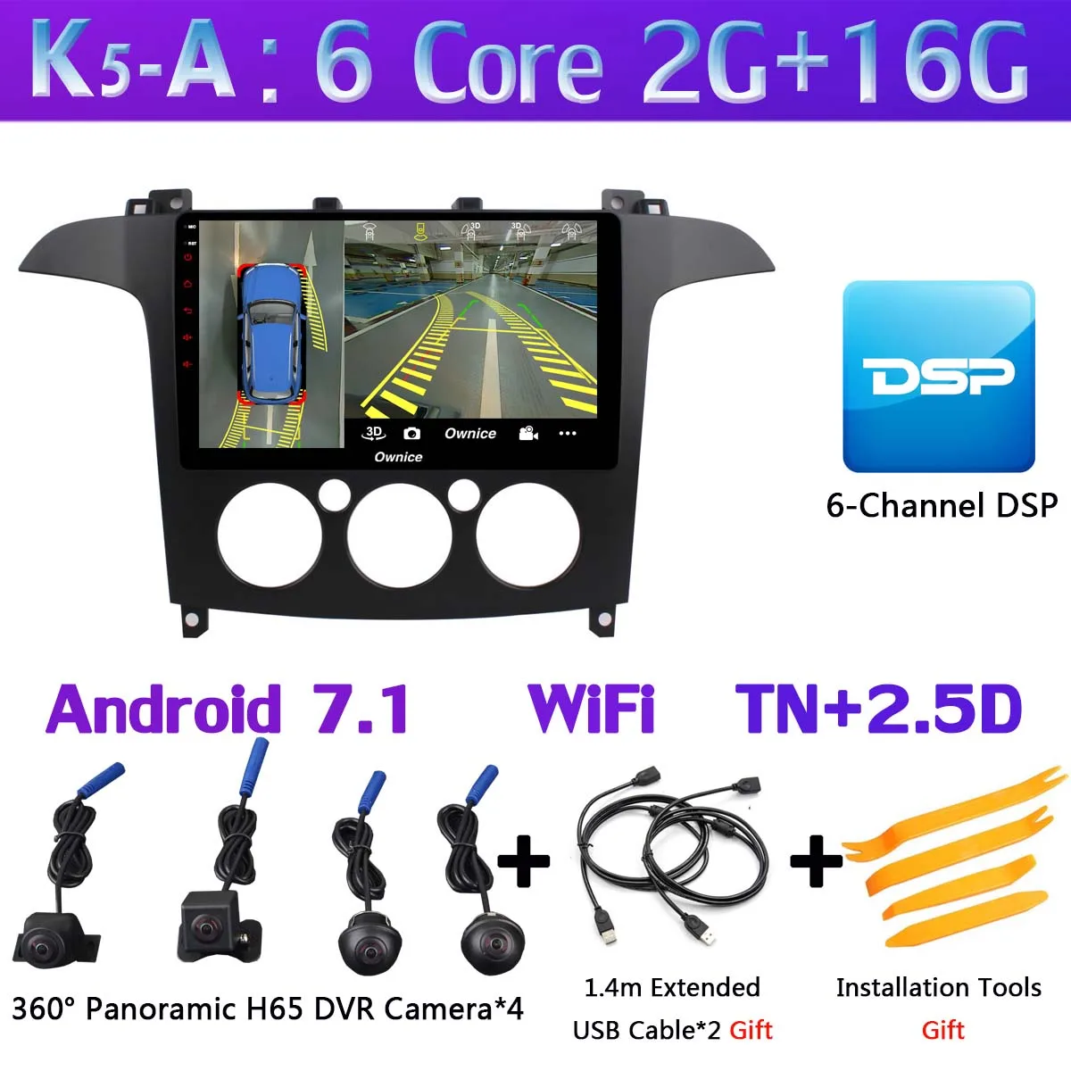 360 ° камера 4G SIM Android 9,0 4G+ 64G gps Navi Радио CarPlay SPDIF DSP Автомобильный плеер стерео для Ford S-Max S Max 2007-2008 AT/MT - Цвет: K5-A