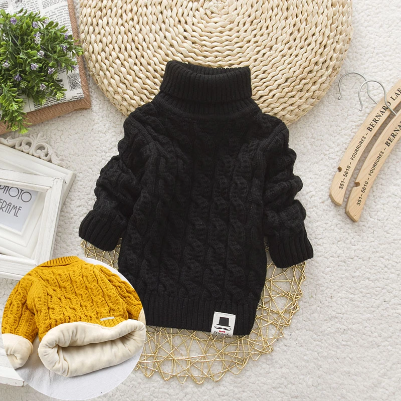 plush black B Домашние тапочки из плюша внутри Однотонная одежда на зиму для мальчиков и девочек и детей постарше плотный вязаный свитер с высоким, плотно облегающим шею воротником, рубашка пуловер с высоким воротником пух свитер - Цвет: plush black B