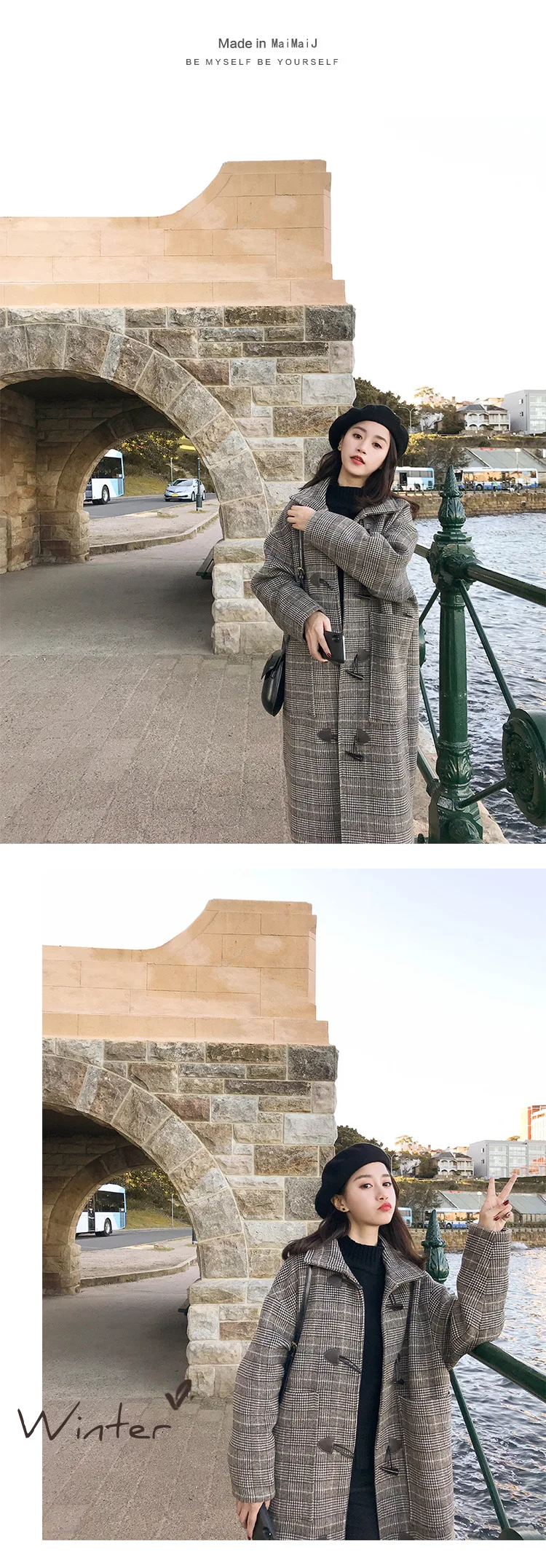 Настоящая фотография, зимнее Новое Женское пальто, маленькое, свежее, длинное, в клетку, популярное, с роговой пряжкой, для студентов, шерстяное, модное, дикое, теплое, для похудения