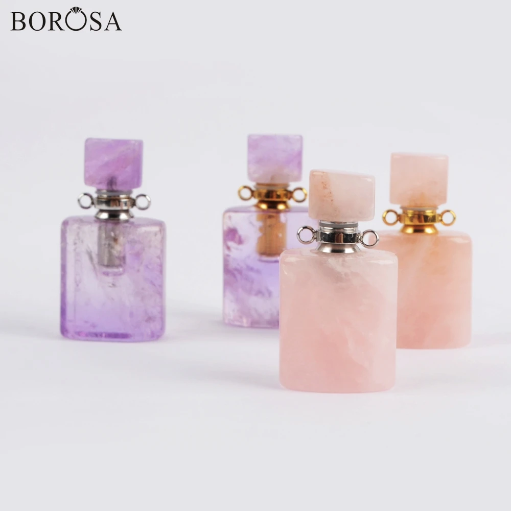 BOROSA Stone Perfume Bottle Pendant 3Pcs Amethysts Rose Quartzs Gems Essential Oil Bottle Connector for Necklace Wholesale Gift
