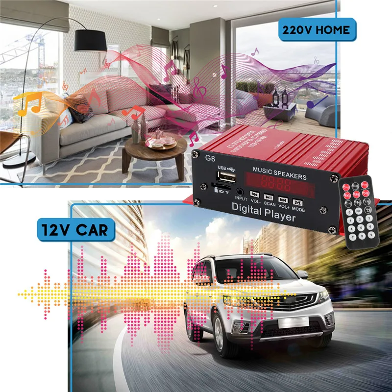 Mini Car Amplifier 2 Channel HIFI Audio Power Amplifier Bluetooth Stereo Car Theater Amp with FM Radio USB/TF/AUX