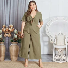 Plus Size 2021 New Spring Summer Bow V Neck Short Sleeve Solid Color Jumpsuit Women's Causal All Match 4XL Pants Fashion