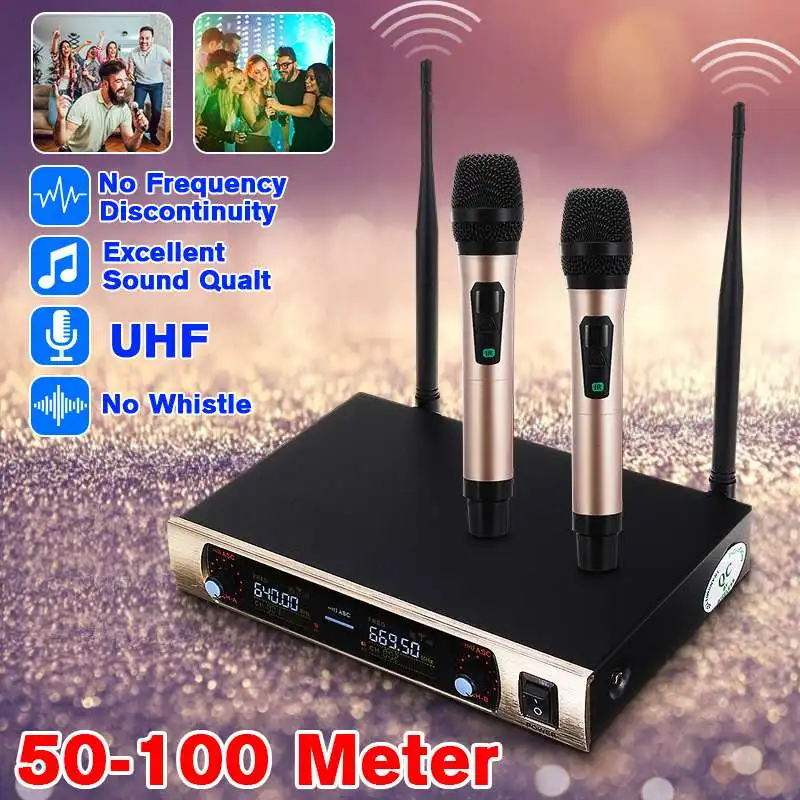 

UHF 2 Channel Dual Metal Wireless Microphone Transmitter Set Professional Karaoke Wireless Handheld Microphone 2pcs/set
