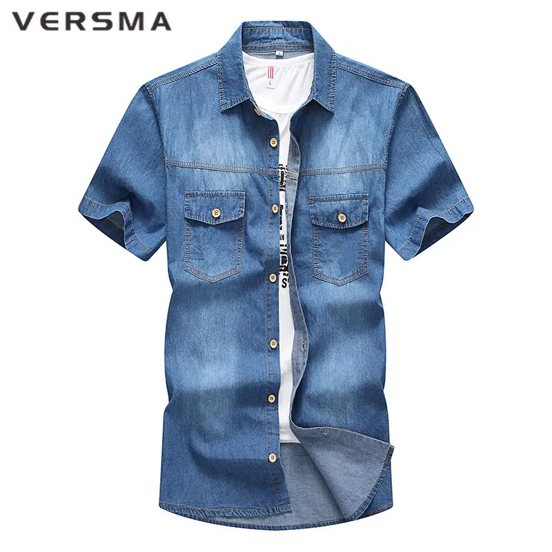VERSMA Лето Camisa Social Masculina Свободная джинсовая рубашка мужская с коротким рукавом Тонкая Хлопковая мужская одежда Бесплатная доставка 8XL