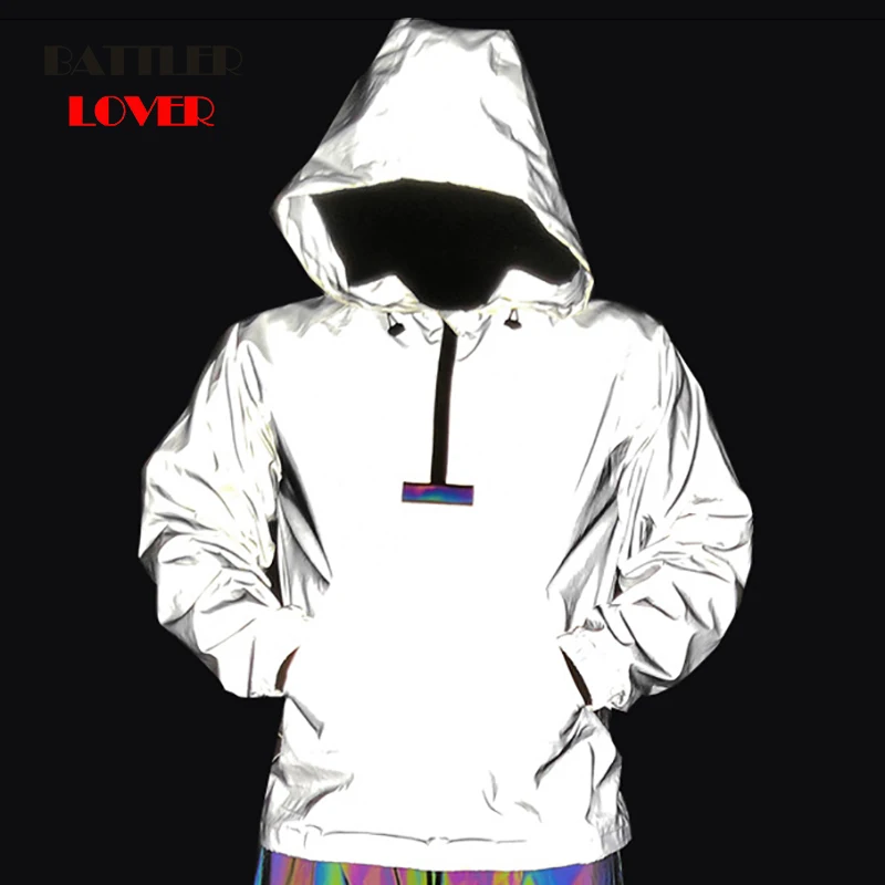 

Drop Shipping Men Night Reflective Hip Hop Jacket Mens Windbreaker Hooded Clothes Colorful Reflective Ribbon Patchwork Pullover