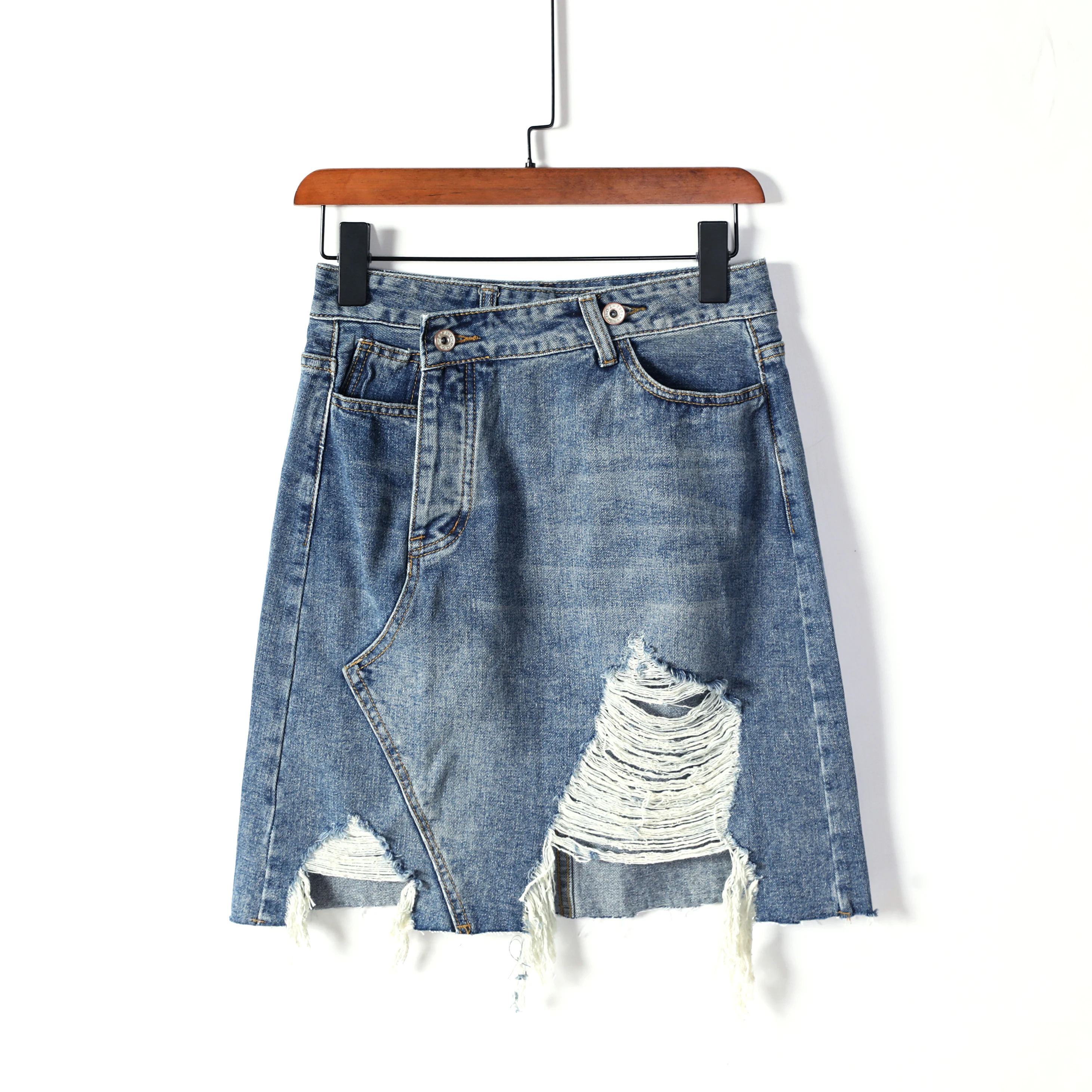 Модная джинсовая миди юбка женский летний светильник синяя рваная женская