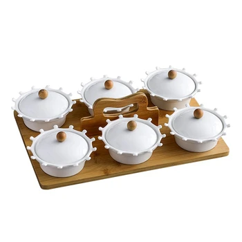 

Ceramic Fruit Plate Dried Fruit Plate New Year Candy Box White Round Grid Fruit Plate With Lid With Bamboo and Wood Creative Fru