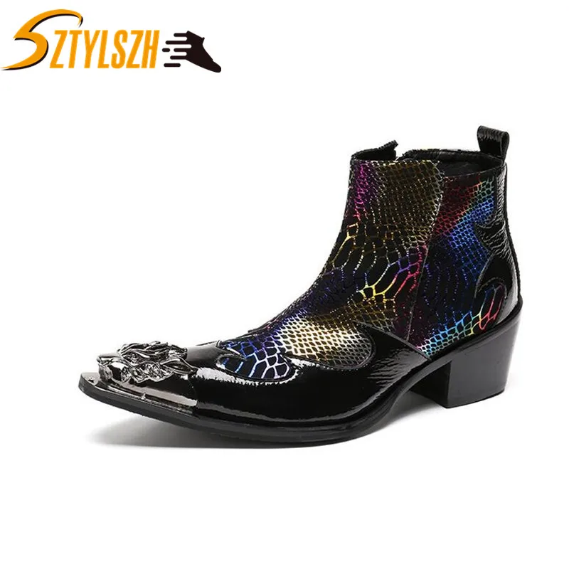 

New Fashion Luxury Men Boots Genuine Leather Ankle Boots Men Italian Business Dress Shoes Pointed Toe Cowboy Boots Chelsea Boots