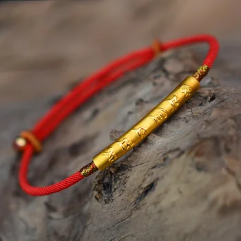 

999 Sterling Silver Gold Color Handmade Thin Red String Bracelet For Women Six Words Engraved Mantra Prayer Buddhism Jewelry