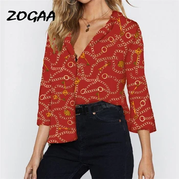 

2019 Blouse Women Chain Print Long Sleeve Chiffon Blouse Lady Vintage Office Blouse Turn-Down Collar Shirt Loose Plus Size Tops
