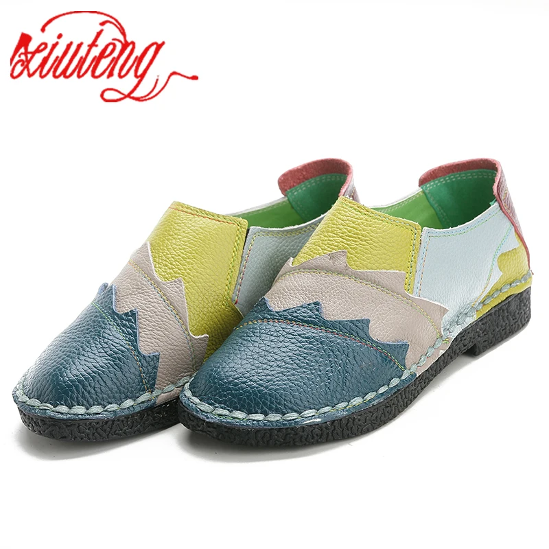 Xiuteng Women Loafers Patches stitching Flat Shoes Woman Summer Flats Soft Candy colors Genuine Leather Moccasins Loafers women shoes casual shoes women flats