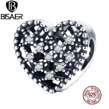 

BISAER Sweet Heart Beads 925 Sterling Silver Sparkling CZ Openwork Charms Pendant Fit Bracelet Necklace Wedding Jewelry ECC1572