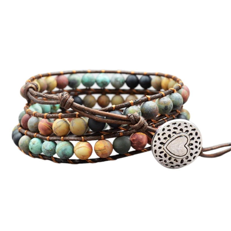

Women Bohemian Boho Bracelets Vintage Leather and Natural Stone 3 Multi-Layer Strands Woven Handmade Wrap Bracelets Heart Charm
