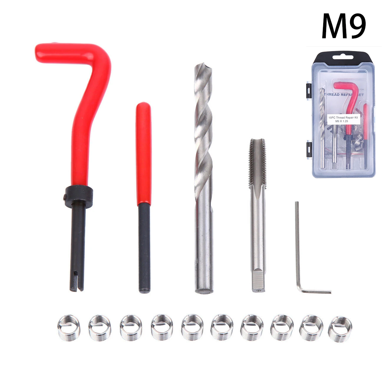 

Samger 15Pcs Thread Repair Kit Recoil Thread Inserts Installation Kit M9 Engine Block Restoring Damaged Thread Repair Tool Kit