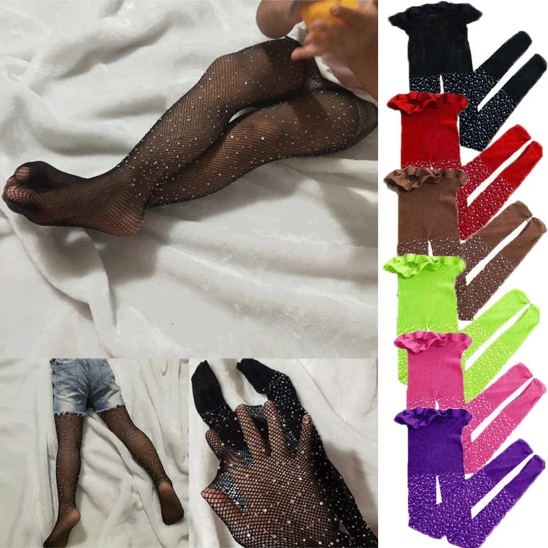 Fashion Girls Children Mesh Fishnet Pattern Pantyhose Tights Stockings Diamond Fishnet Stockings Hollow Mesh Beading Pantyhose
