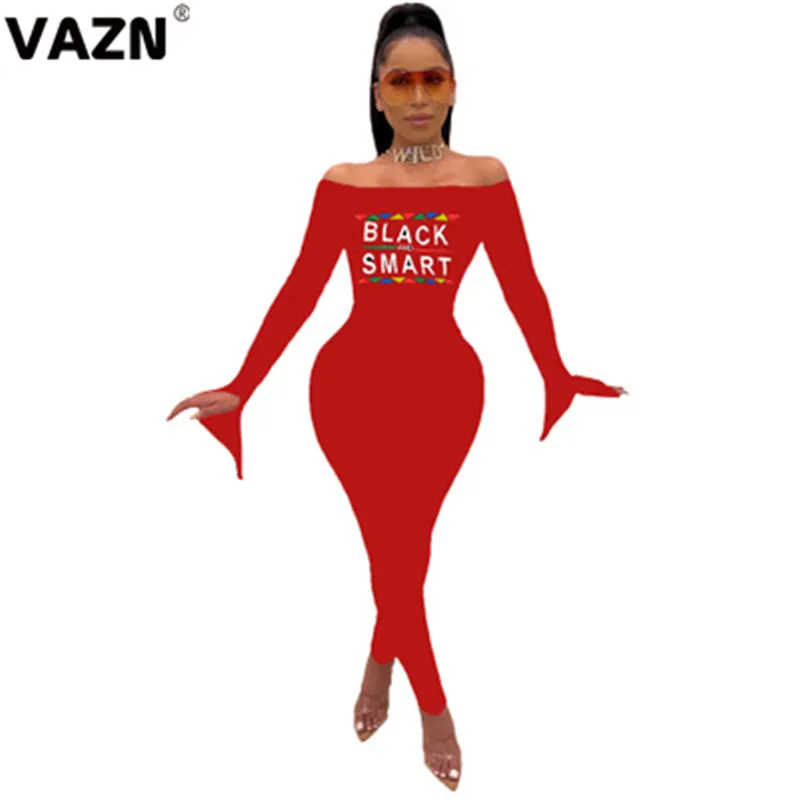 VAZN JH122 Новые 2 цвета с высокой талией сексуальные Клубные Модные сланцы шеи буквы с длинным рукавом эластичные женские обтягивающие длинные узкие комбинезоны - Цвет: Красный