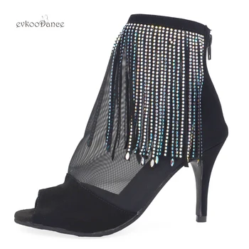 Zapatos De Baile De Salsa latina De satén, malla De nobuk negra profesional con tacón De rinostone De 8,5 cm, Zapatos De Baile para mujer