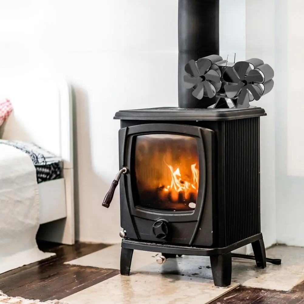 Black Fireplace Double-head High-efficiency Heat Dissipation 12 Blade Wood Burner Silent High-temperature Fireplace Fan SF707T