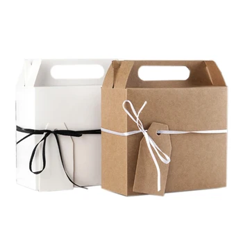 

10pcs Cake Food Kraft Paper Box With Handle Boxes Christmas Birthday Wedding Party Candy Gift Packing With Sticker