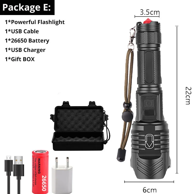 Package E XHP90 светодиодный светильник-вспышка мощный xhp70.2 САМЫЙ МОЩНЫЙ СВЕТИЛЬНИК-вспышка 26650 usb фонарь xhp70 xhp50 фонарь 18650 охотничий Фонарь ручной светильник - Испускаемый цвет: Package E