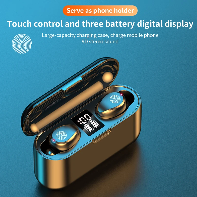 F9 TWS Bluetooth Earphone Wireless Touch Control Waterproof 9D Stereo sport Gaming Headset Mic With LED Display HD Call Earplugs |