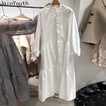 

Joinyouth 2020 Spring Medium-long Blouse Dress Women Elegant Single Breasted Stand Neck Vestidos Korean White Dresses 57334